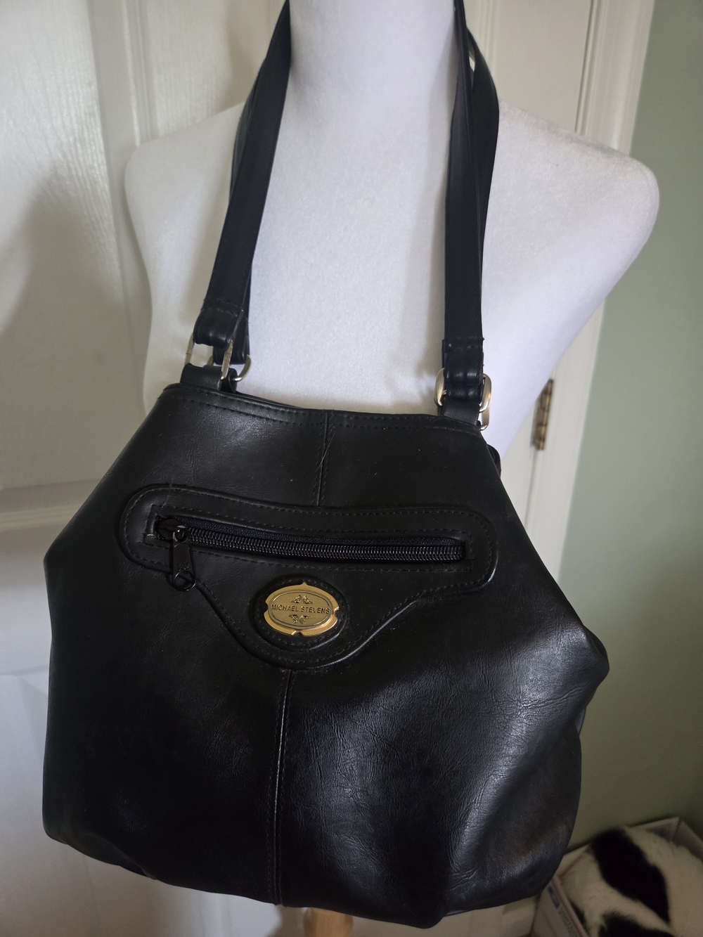 Vtg Gold Plaque MICHAEL STEVENS Logo Handbag Cross Body Quality Luxury Leather